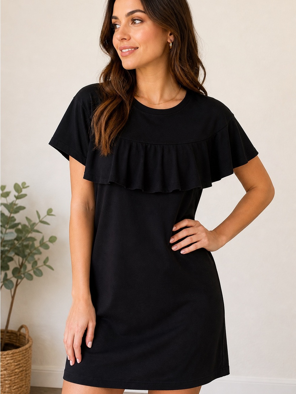 PAPU Stories Organic Cotton Finland Design Black Ruffle Short Sleeve Dress Sz M
